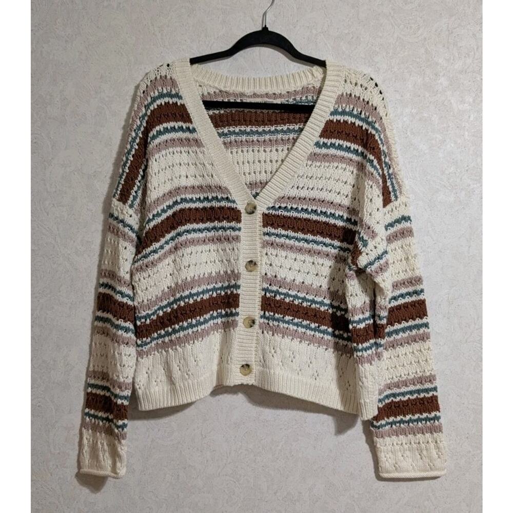 Lucky Brand Striped Button Front Knit Sweater Cardigan Oversized Size XL